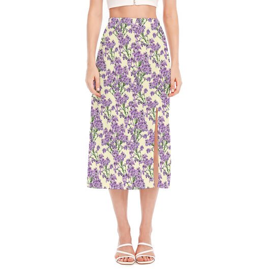 Watercolor Lavender Pattern Print Side Slit Midi Skirt