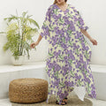 Watercolor Lavender Pattern Print Silk V-Neck Kaftan Dress