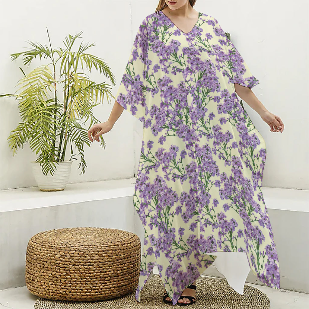 Watercolor Lavender Pattern Print Silk V-Neck Kaftan Dress