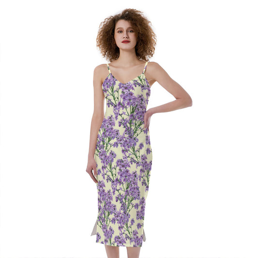 Watercolor Lavender Pattern Print Slim Fit Midi Cami Dress