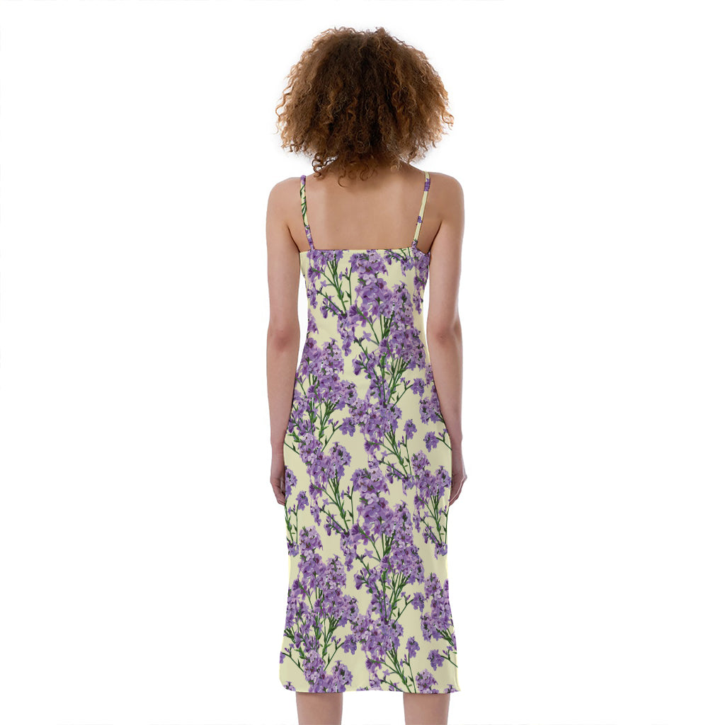 Watercolor Lavender Pattern Print Slim Fit Midi Cami Dress