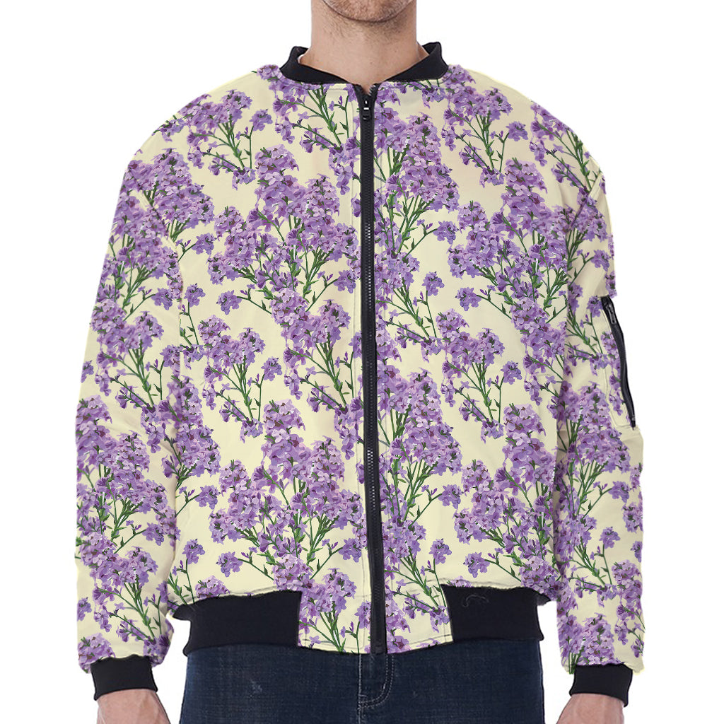 Watercolor Lavender Pattern Print Zip Sleeve Bomber Jacket