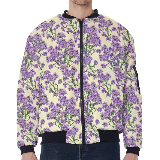Watercolor Lavender Pattern Print Zip Sleeve Bomber Jacket