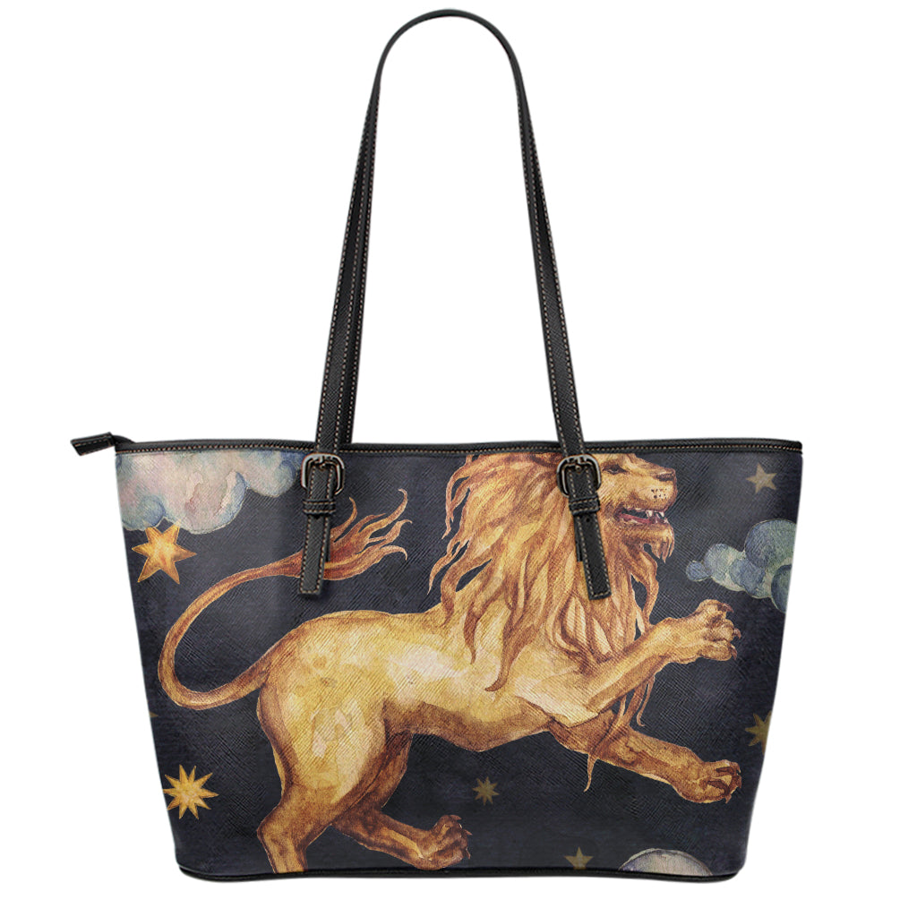 Watercolor Leo Zodiac Sign Print Leather Tote Bag
