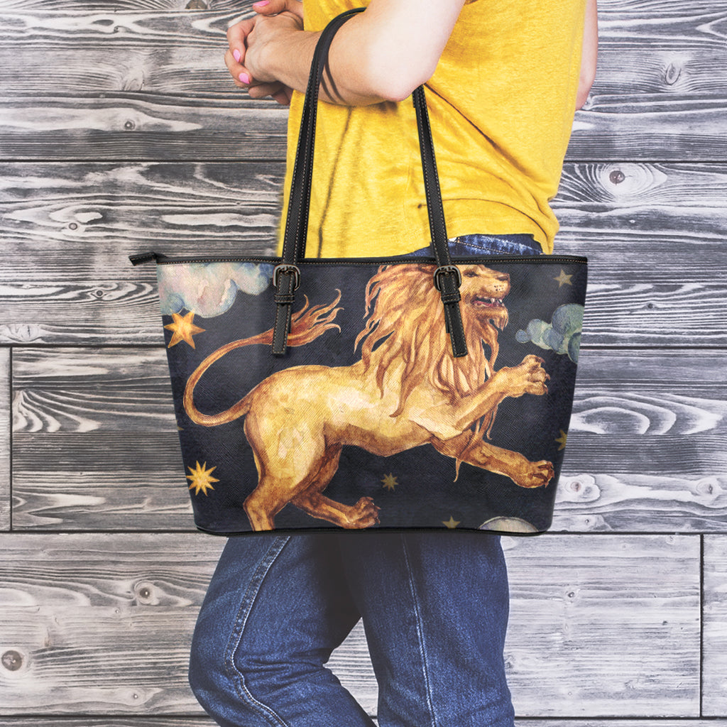 Watercolor Leo Zodiac Sign Print Leather Tote Bag