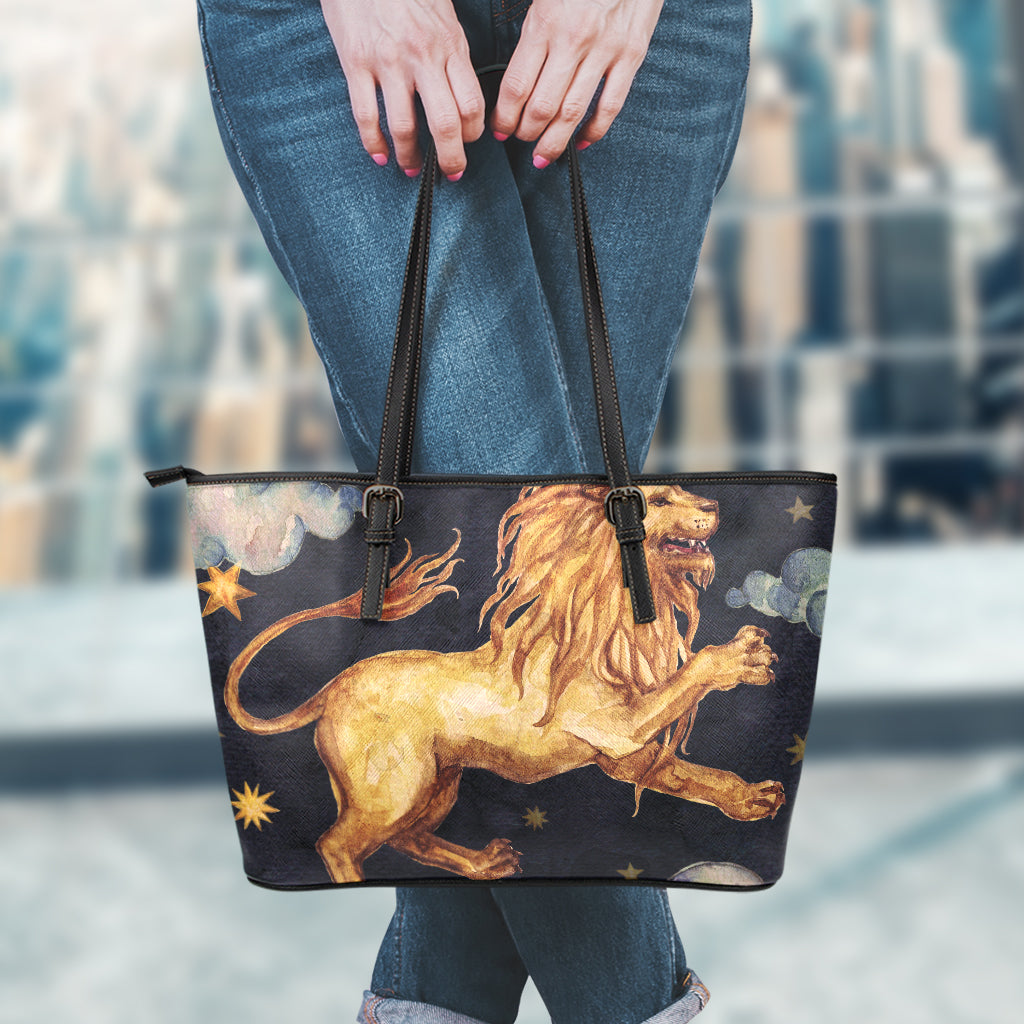 Watercolor Leo Zodiac Sign Print Leather Tote Bag