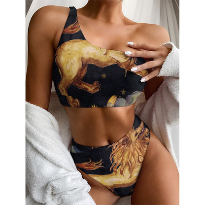 Watercolor Leo Zodiac Sign Print One Shoulder Bikini Top