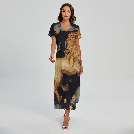Watercolor Leo Zodiac Sign Print Short Sleeve Maxi Dress