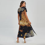 Watercolor Leo Zodiac Sign Print Short Sleeve Maxi Dress