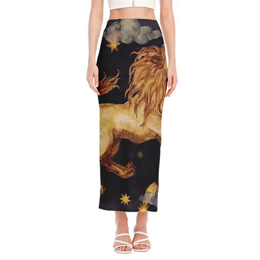 Watercolor Leo Zodiac Sign Print Side Slit Maxi Skirt
