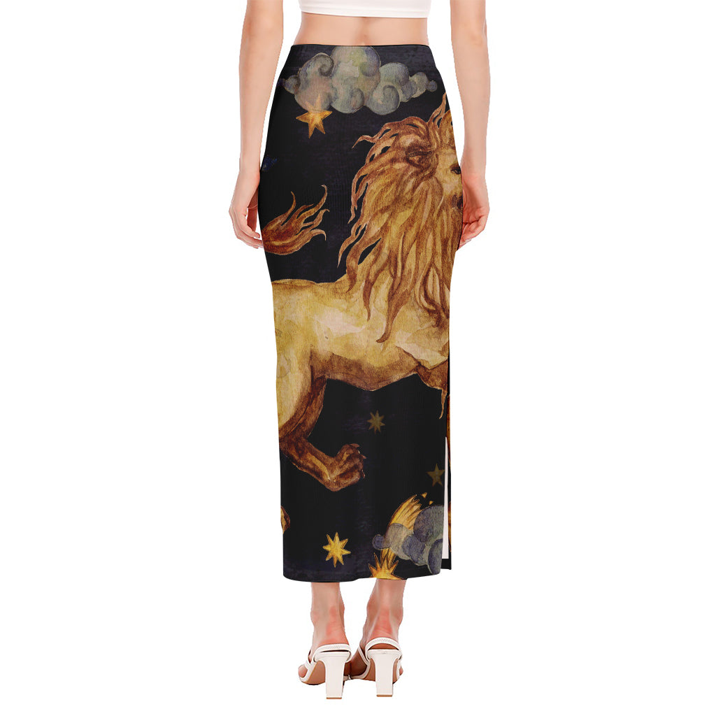 Watercolor Leo Zodiac Sign Print Side Slit Maxi Skirt