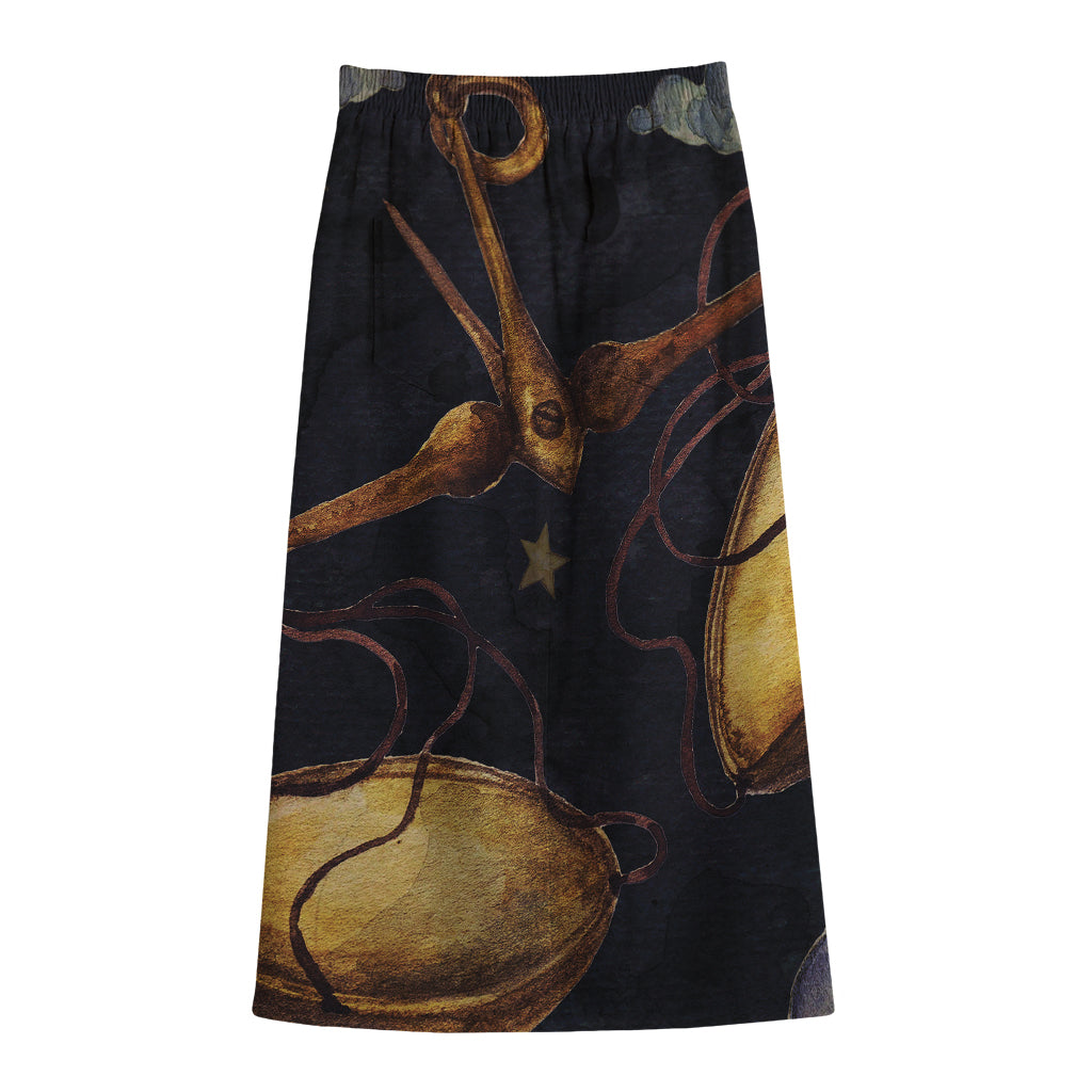 Watercolor Libra Zodiac Sign Print Cotton Front Slit Maxi Skirt