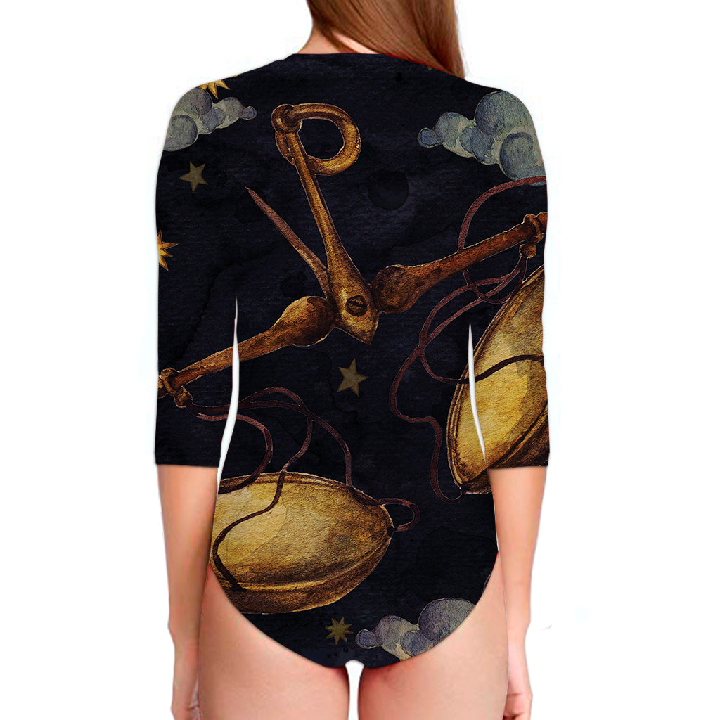 Watercolor Libra Zodiac Sign Print Long Sleeve Swimsuit