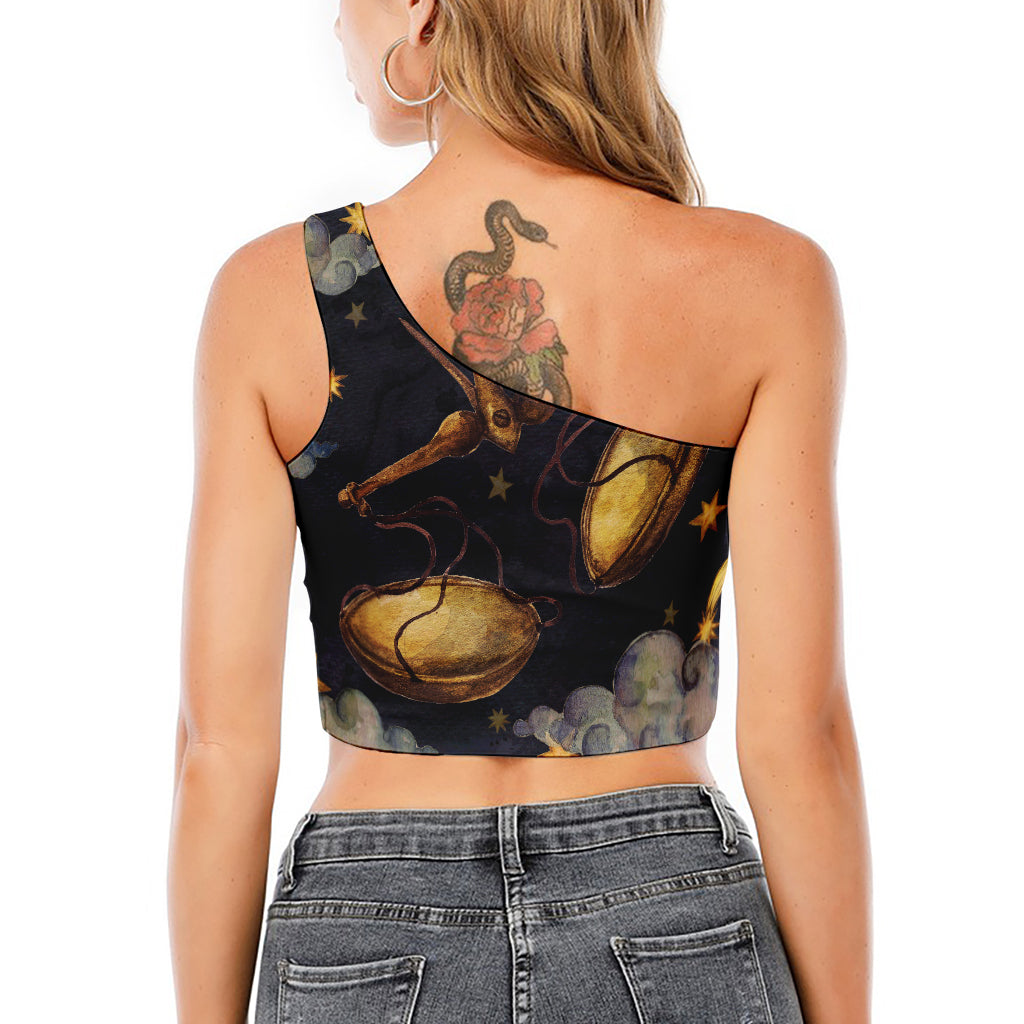 Watercolor Libra Zodiac Sign Print One Shoulder Crop Top