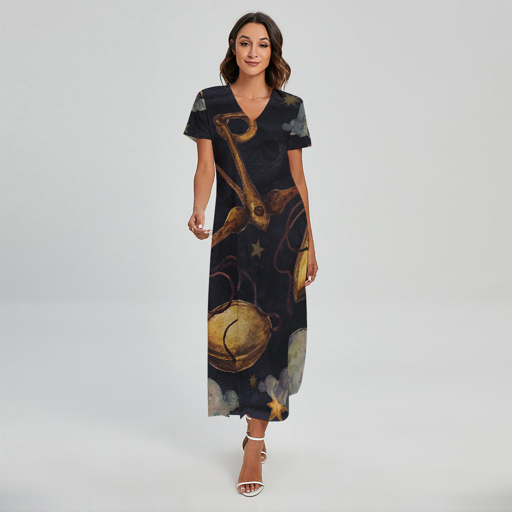 Watercolor Libra Zodiac Sign Print Short Sleeve Maxi Dress