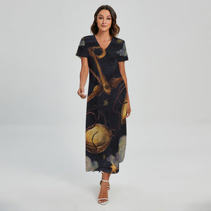 Watercolor Libra Zodiac Sign Print Short Sleeve Maxi Dress