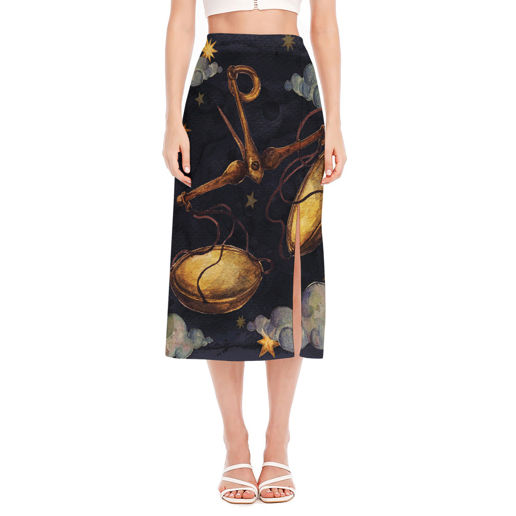 Watercolor Libra Zodiac Sign Print Side Slit Midi Skirt