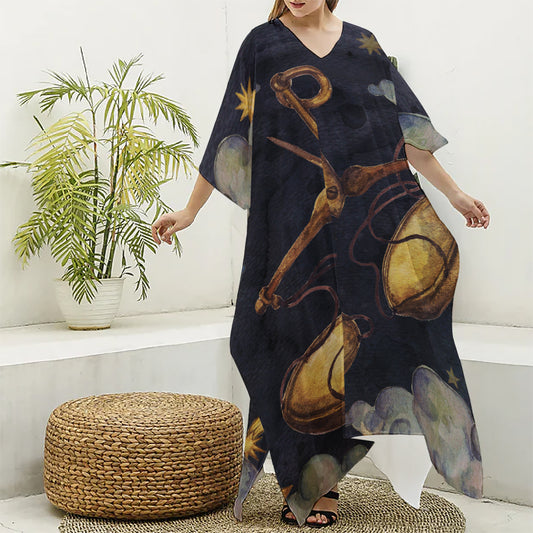 Watercolor Libra Zodiac Sign Print Silk V-Neck Kaftan Dress