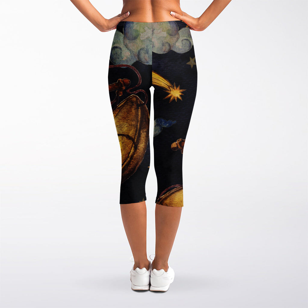 Watercolor Libra Zodiac Sign Print Women's Capri Leggings