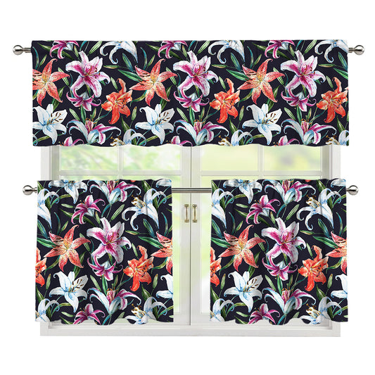 Watercolor Lily Flowers Pattern Print 3 Piece Kitchen Curtains
