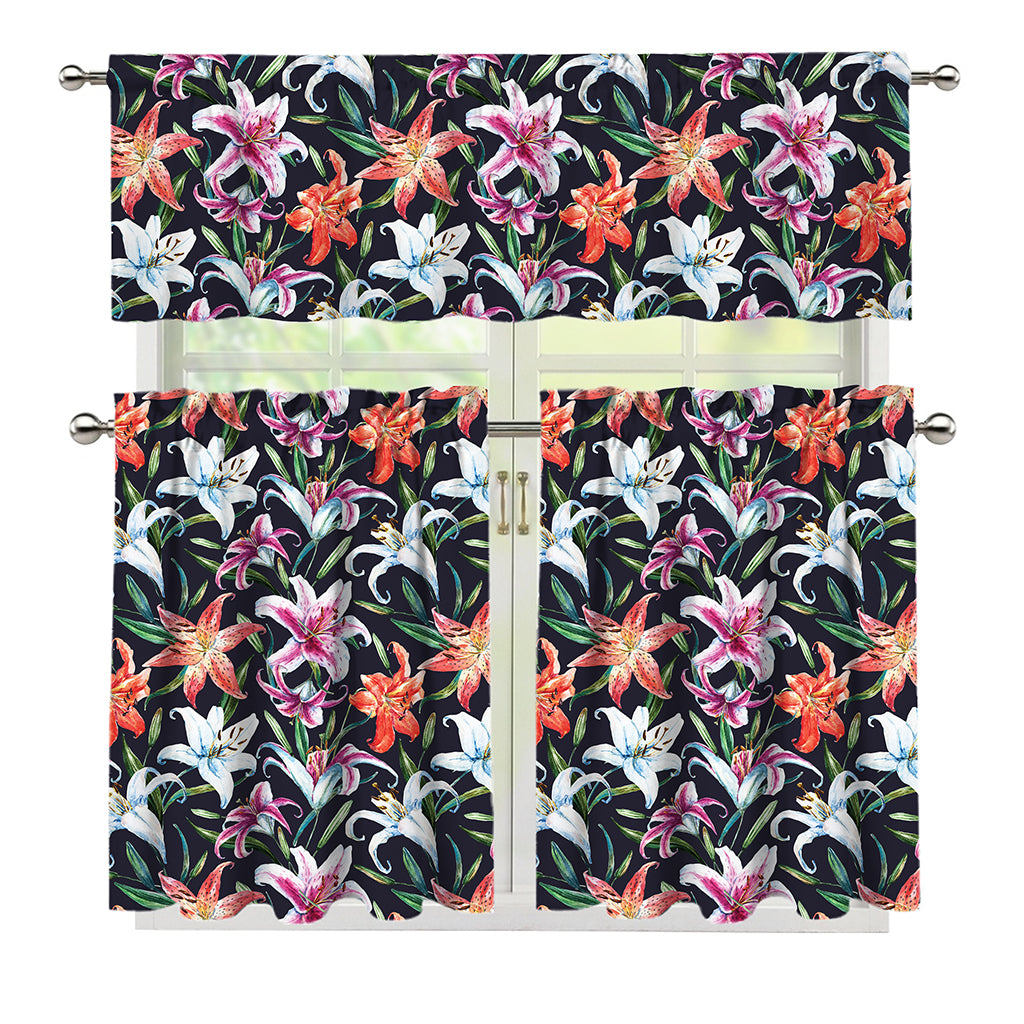 Watercolor Lily Flowers Pattern Print 3 Piece Kitchen Curtains
