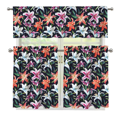 Watercolor Lily Flowers Pattern Print 3 Piece Kitchen Curtains