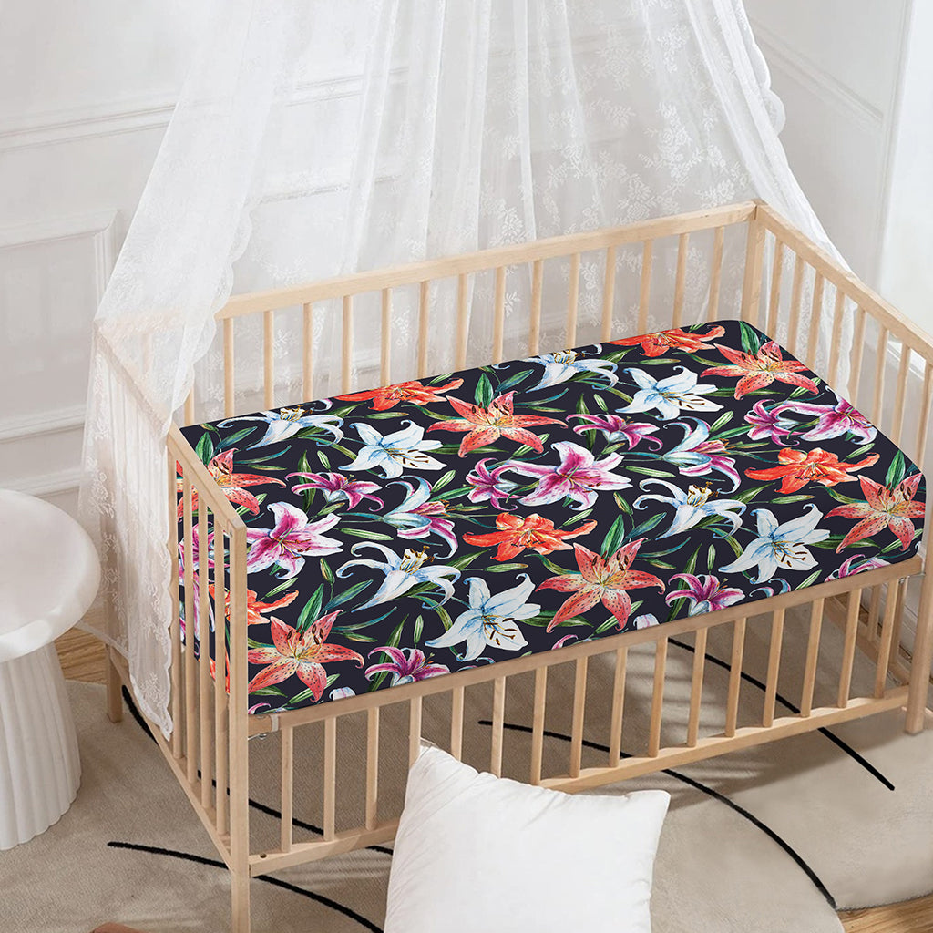 Watercolor Lily Flowers Pattern Print Baby Crib Sheet
