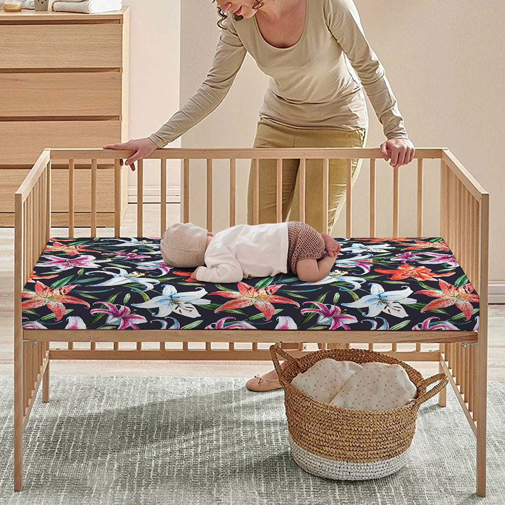 Watercolor Lily Flowers Pattern Print Baby Crib Sheet