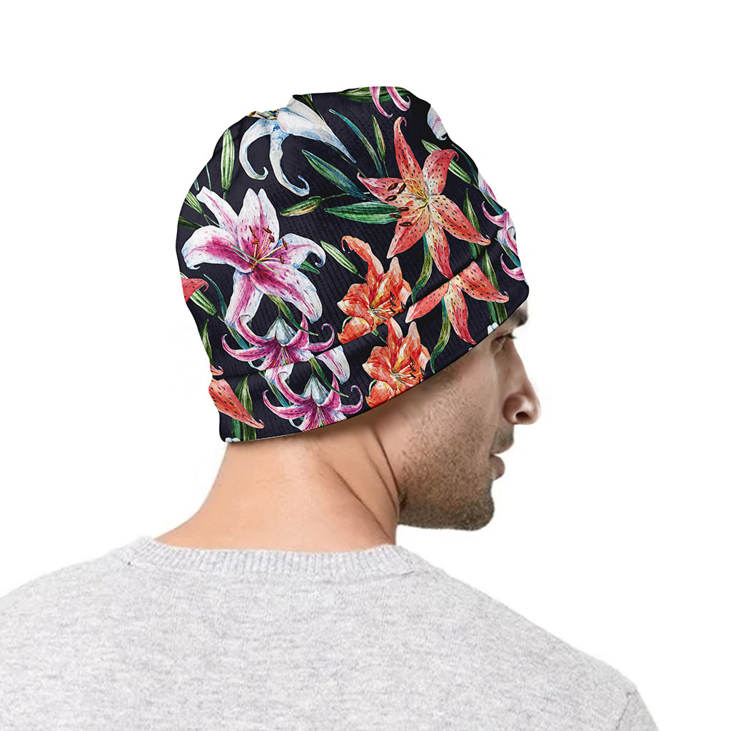 Watercolor Lily Flowers Pattern Print Beanie