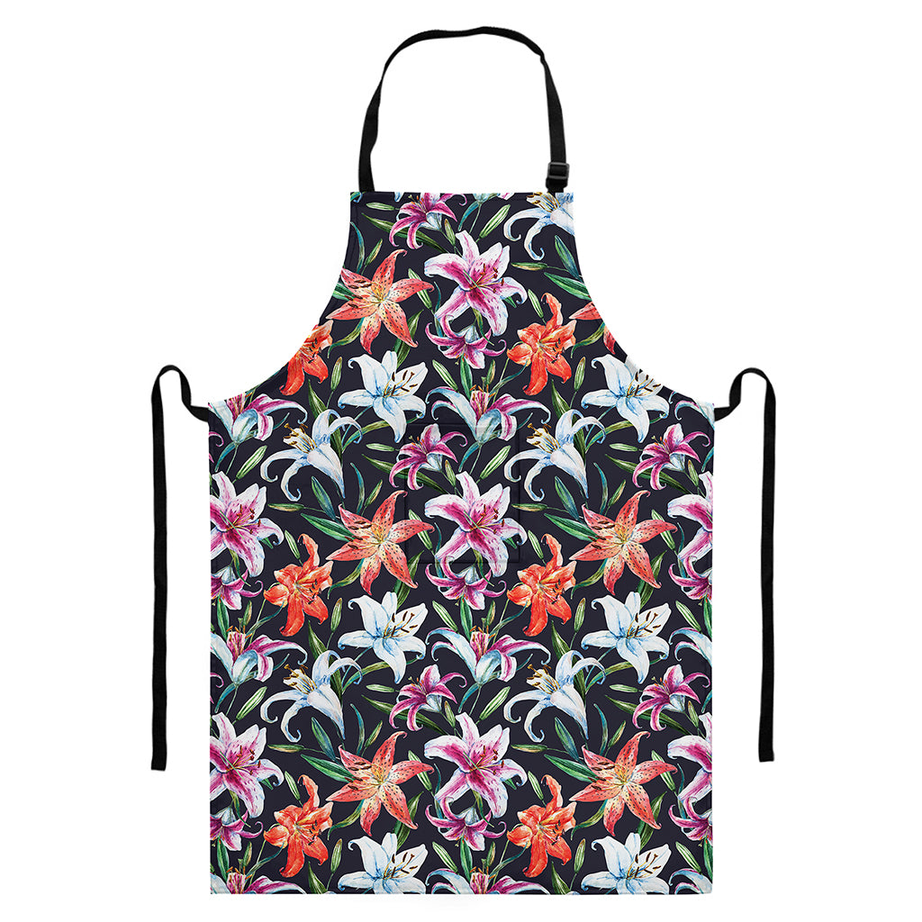 Watercolor Lily Flowers Pattern Print Bib Apron With Pocket