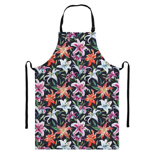 Watercolor Lily Flowers Pattern Print Bib Apron With Pocket