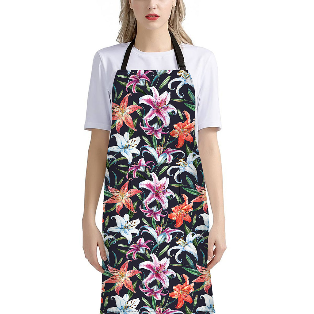 Watercolor Lily Flowers Pattern Print Bib Apron With Pocket