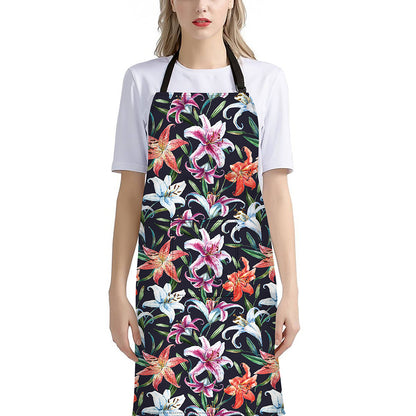 Watercolor Lily Flowers Pattern Print Bib Apron With Pocket