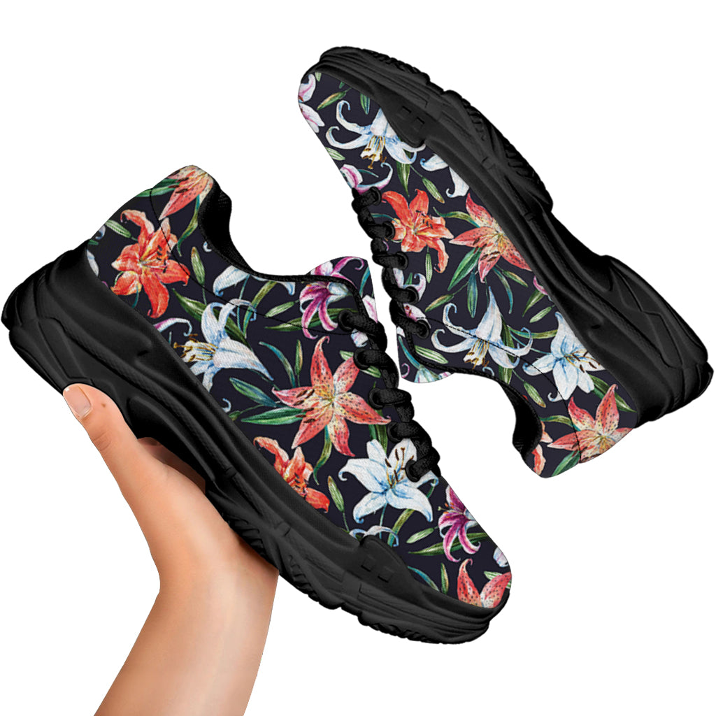 Watercolor Lily Flowers Pattern Print Black Chunky Shoes