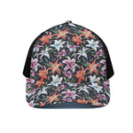 Watercolor Lily Flowers Pattern Print Black Mesh Trucker Cap
