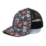 Watercolor Lily Flowers Pattern Print Black Mesh Trucker Cap