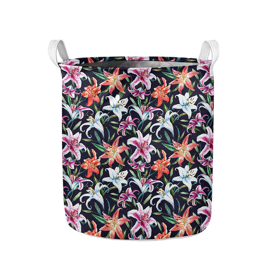 Watercolor Lily Flowers Pattern Print Collapsible Laundry Basket