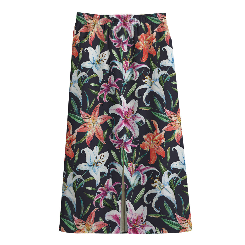Watercolor Lily Flowers Pattern Print Cotton Front Slit Maxi Skirt