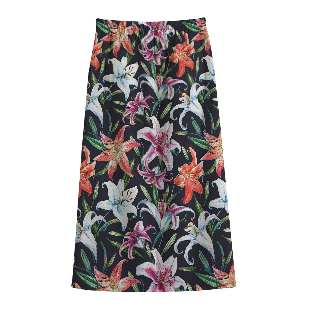 Watercolor Lily Flowers Pattern Print Cotton Front Slit Maxi Skirt