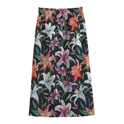 Watercolor Lily Flowers Pattern Print Cotton Front Slit Maxi Skirt