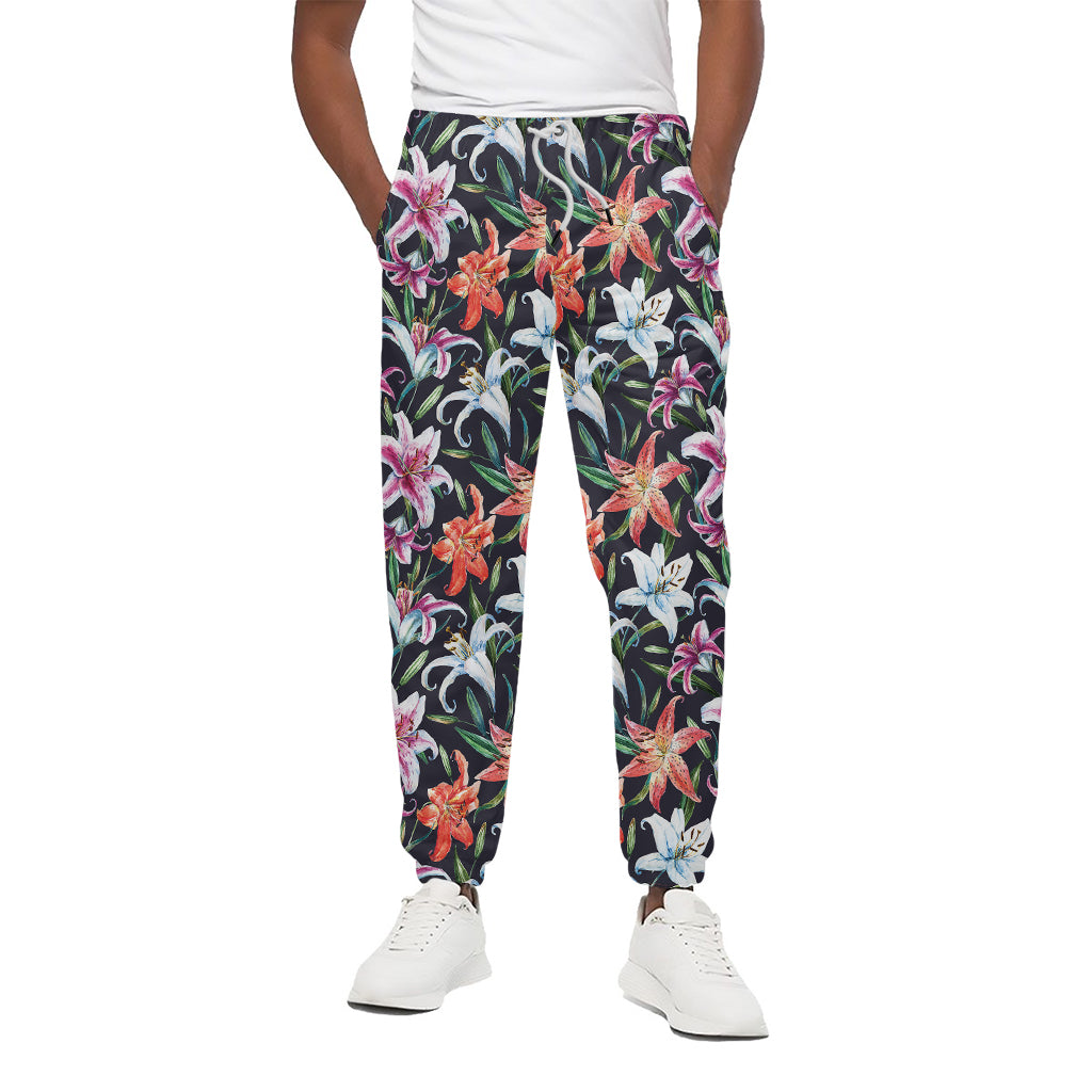 Watercolor Lily Flowers Pattern Print Cotton Pants