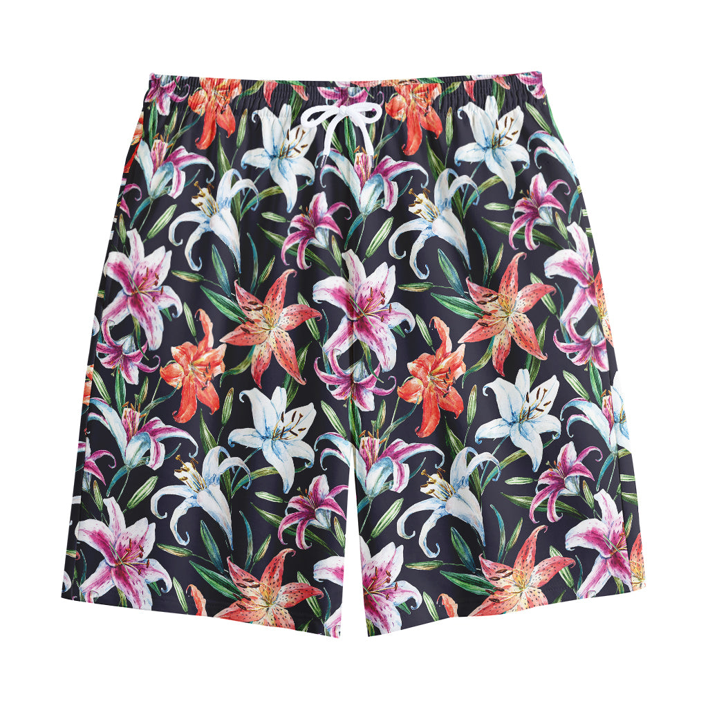 Watercolor Lily Flowers Pattern Print Cotton Shorts