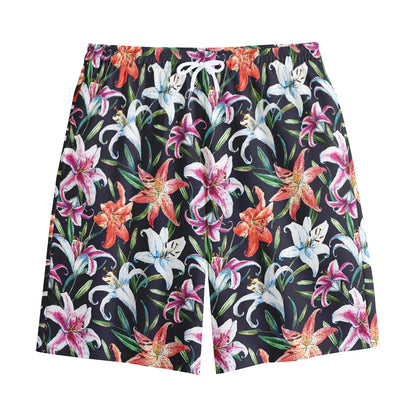 Watercolor Lily Flowers Pattern Print Cotton Shorts