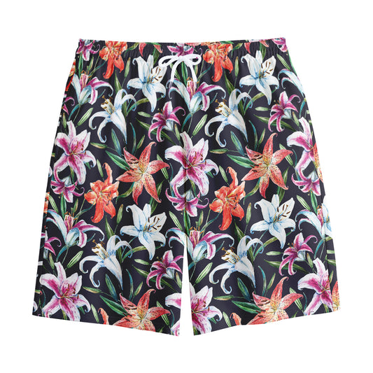 Watercolor Lily Flowers Pattern Print Cotton Shorts