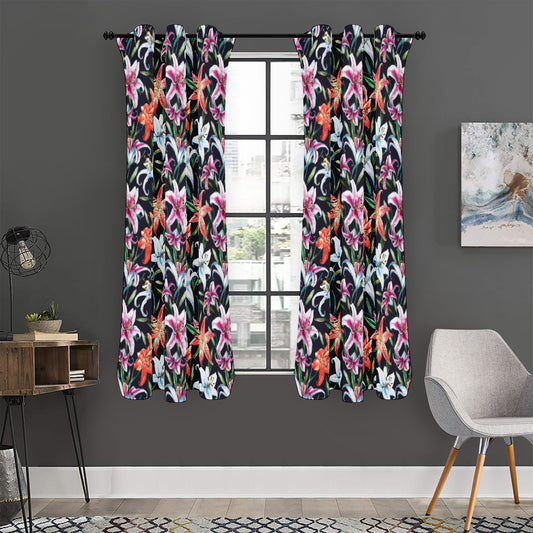 Watercolor Lily Flowers Pattern Print Curtain