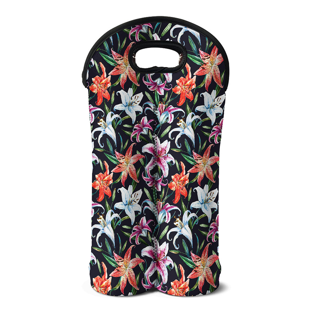 Watercolor Lily Flowers Pattern Print Double Neoprene Wine Tote