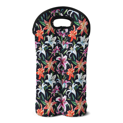 Watercolor Lily Flowers Pattern Print Double Neoprene Wine Tote