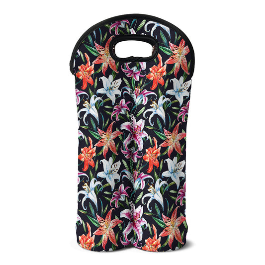 Watercolor Lily Flowers Pattern Print Double Neoprene Wine Tote