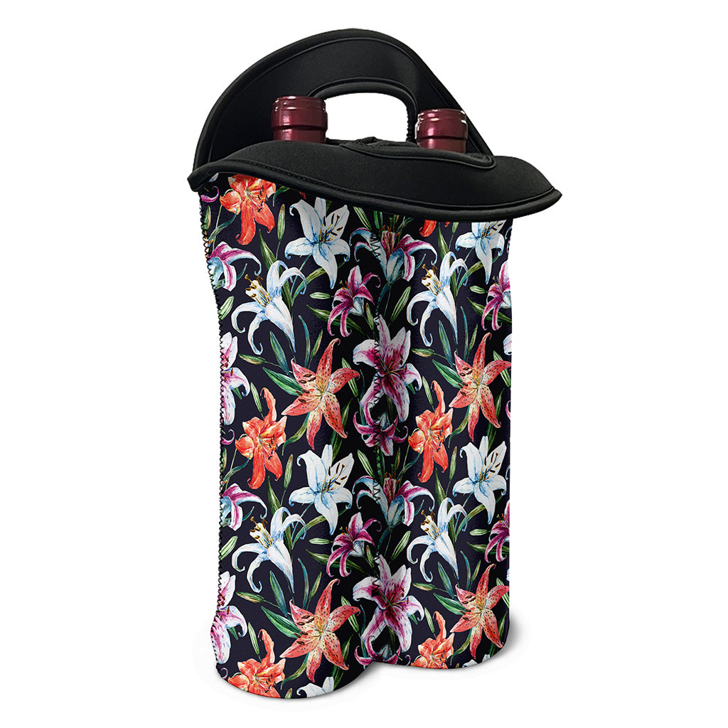 Watercolor Lily Flowers Pattern Print Double Neoprene Wine Tote