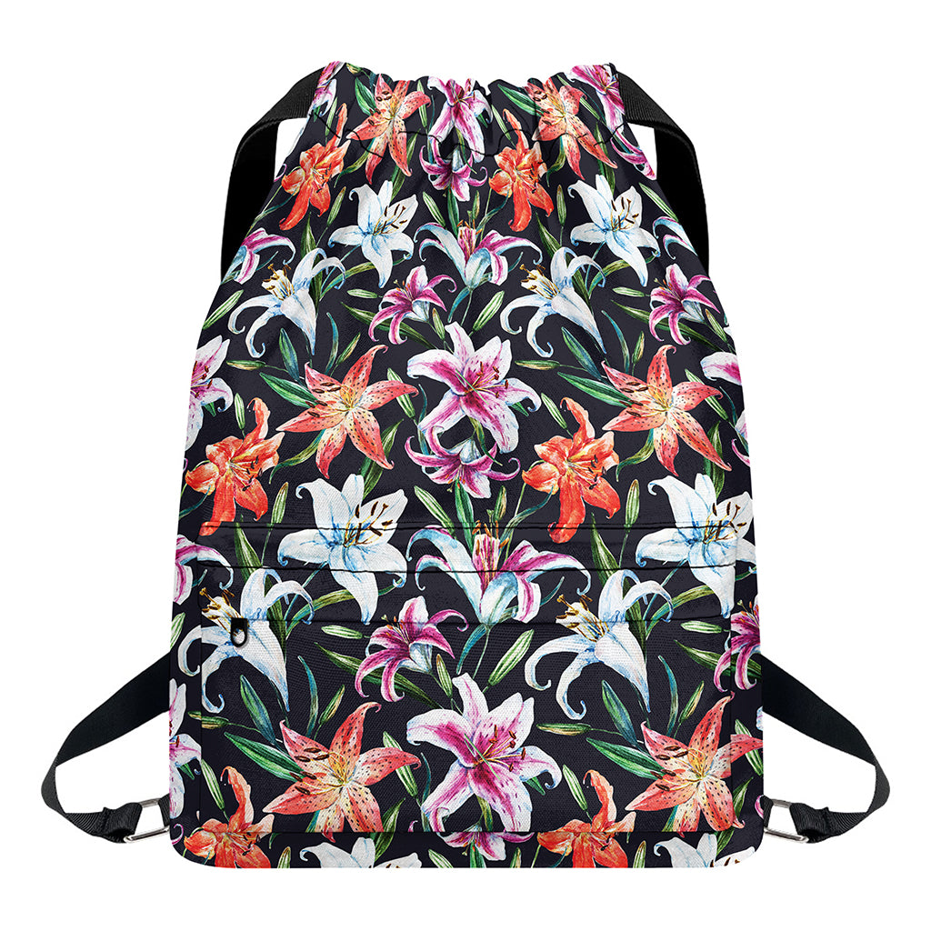 Watercolor Lily Flowers Pattern Print Drawstring Backpack